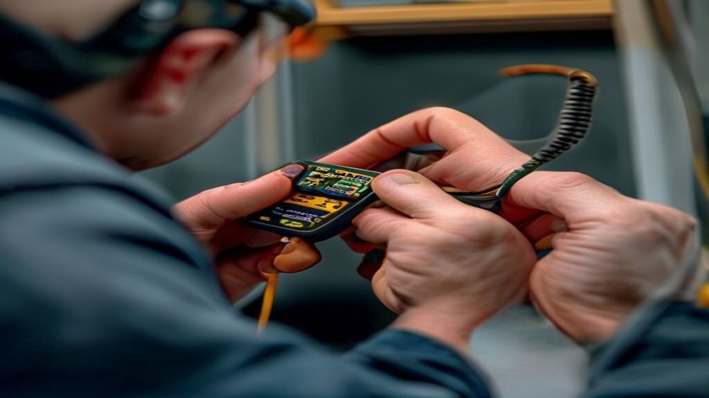 Elektriker prüft eine Steckdose mit einem Messgerät