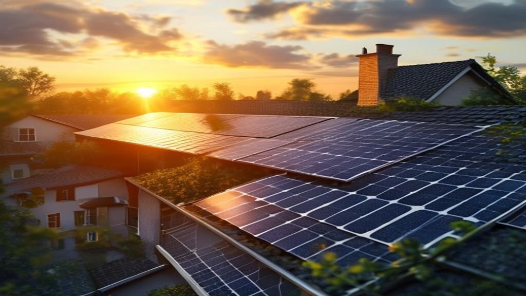 Solarmodule auf einem Hausdach in der Abendsonne