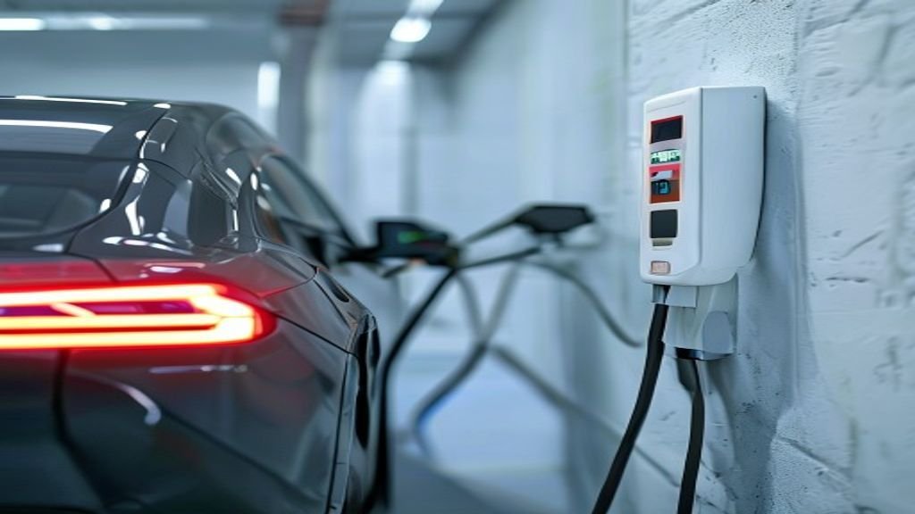 Elektroauto lädt an einer Wallbox in der Garage